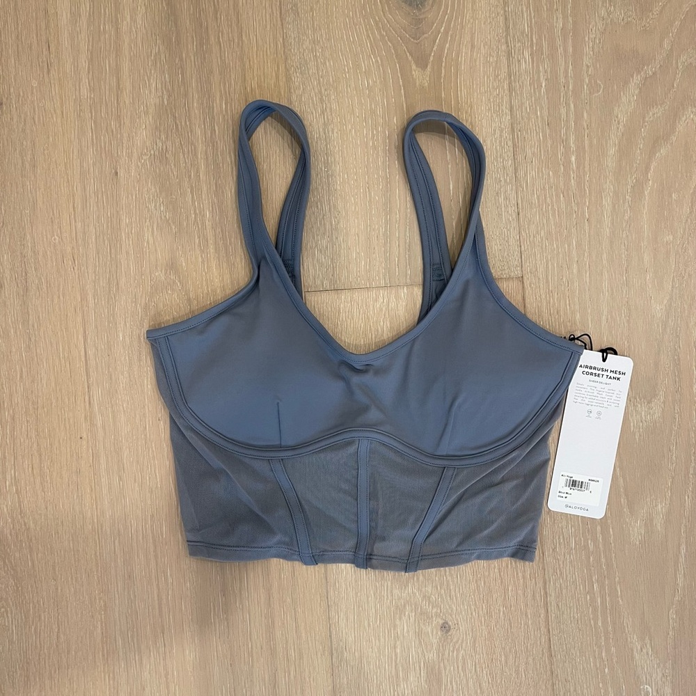NWT Alo Airbrush Mesh Corset Tank in Steel Blue